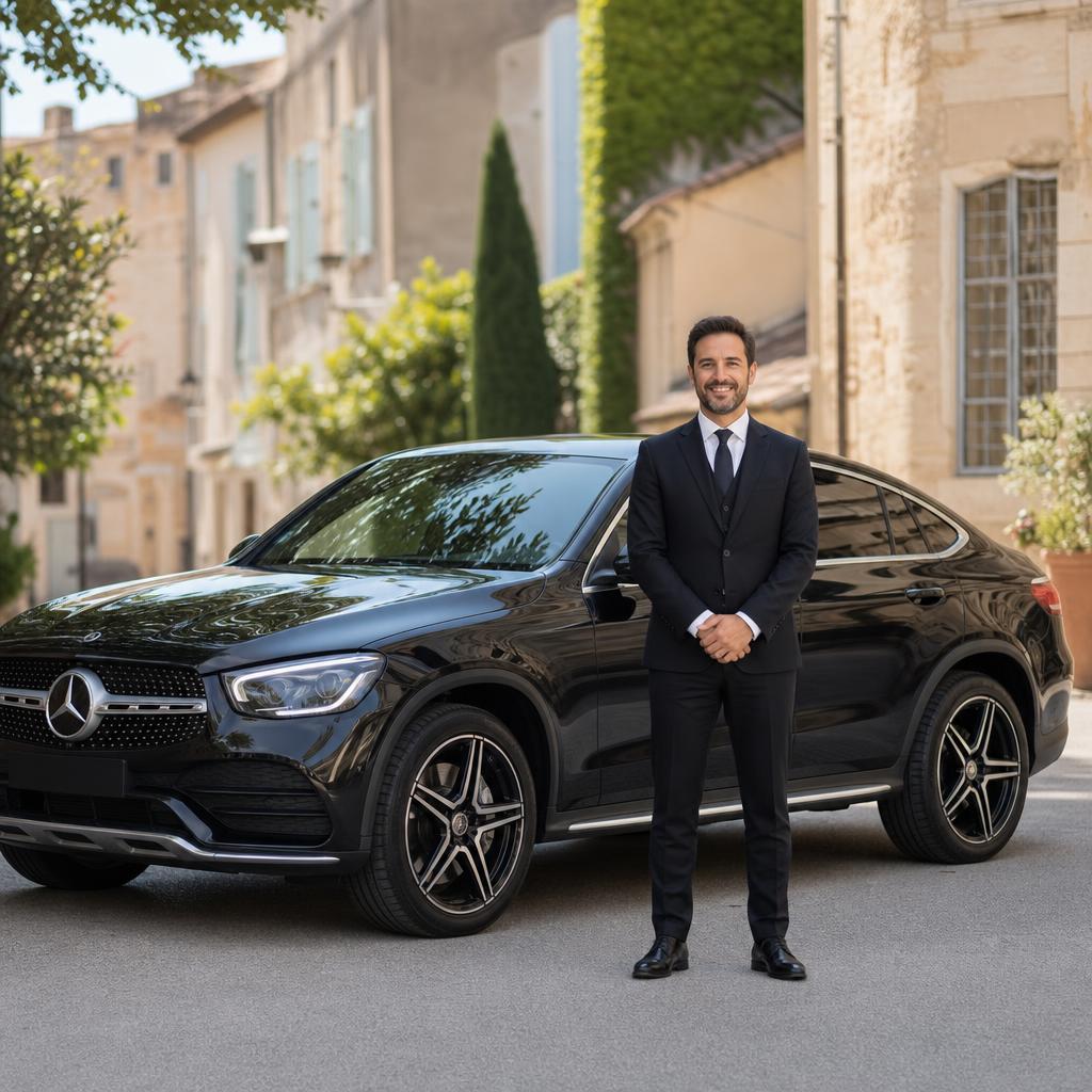 Chauffeur Taxi AGC devant Mercedes GLC Coupé
