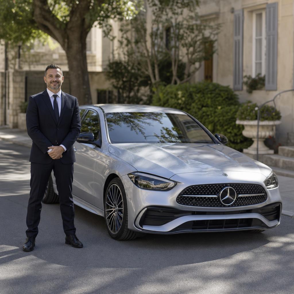 Chauffeur Taxi AGC devant Mercedes Classe C