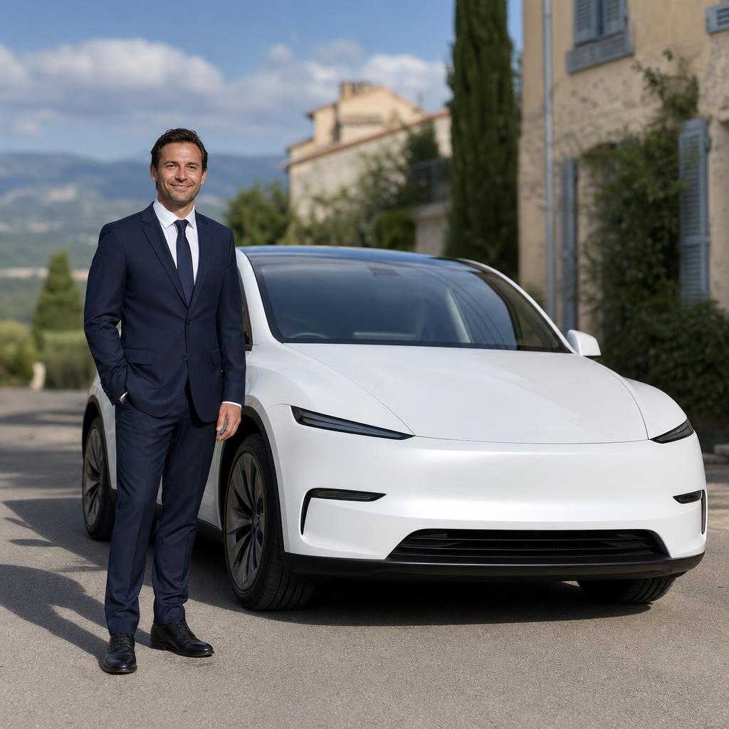Chauffeur Taxi AGC devant Tesla Model Y